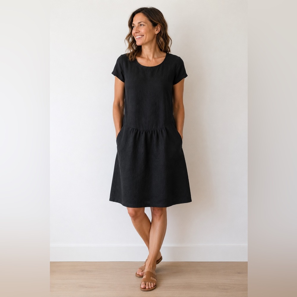 Vivid Linen Short Sleeve Knee Length Dress